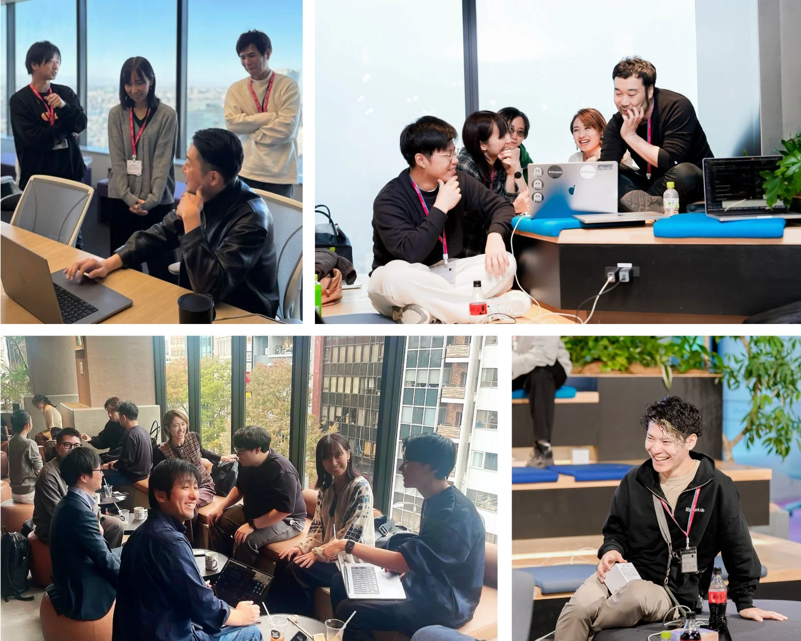 モダンなオフィス空間で働く人々が、活発にコミュニケーションを取り、協力し合っている様子を捉えた画像です。複数のグループがラップトップを囲んで議論したり、笑顔で談笑したりしており、和やかながらも生産的な雰囲気が伝わってきます。